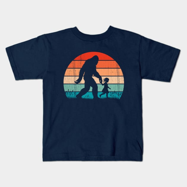 Bigfoot Sasquatch Walking With Baby Girl Vintage Hiking Kids T-Shirt by Cuteness Klub